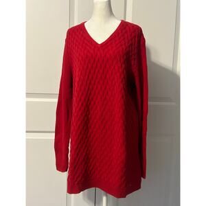 Lands’ End Red Textured Knit V Neck Long Sleeve Sweater Women’s L Tall
